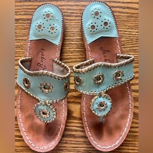 Jack Rogers Aqua With Gold Trim Floral Flip Flop Sandals Size 8